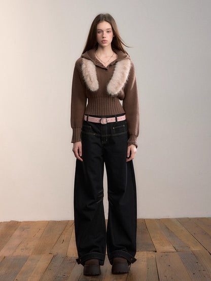 Ribbed Hooded Knit Pullover Sweater