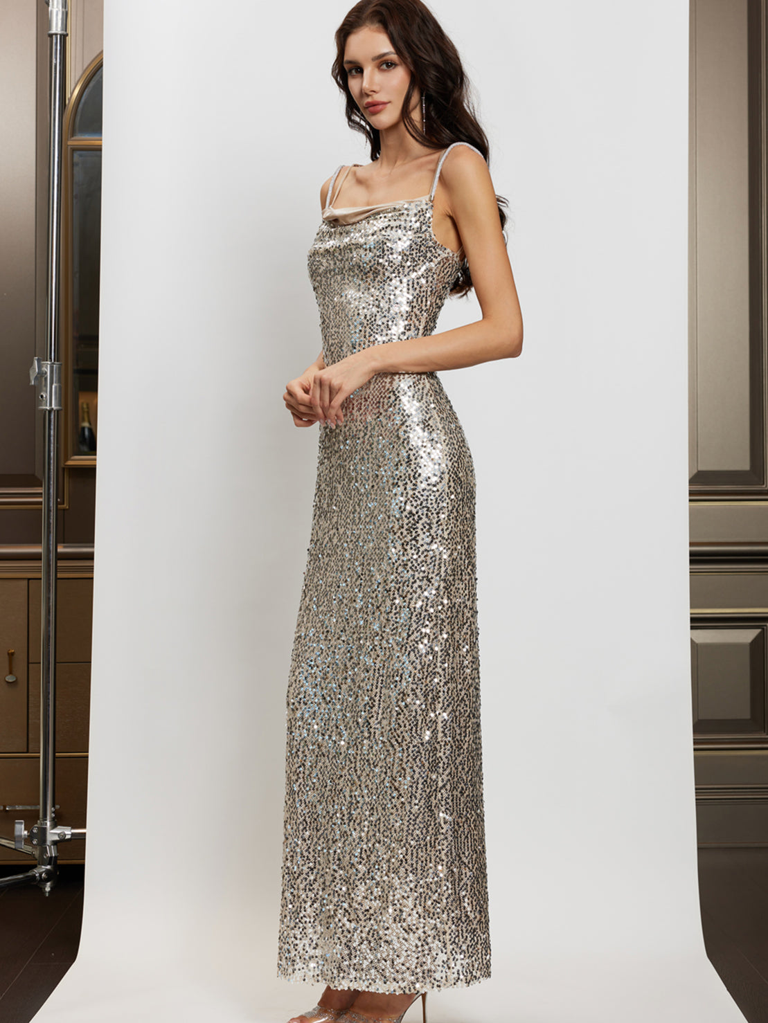 Sequin Draped Neck Slim-Fit Gown