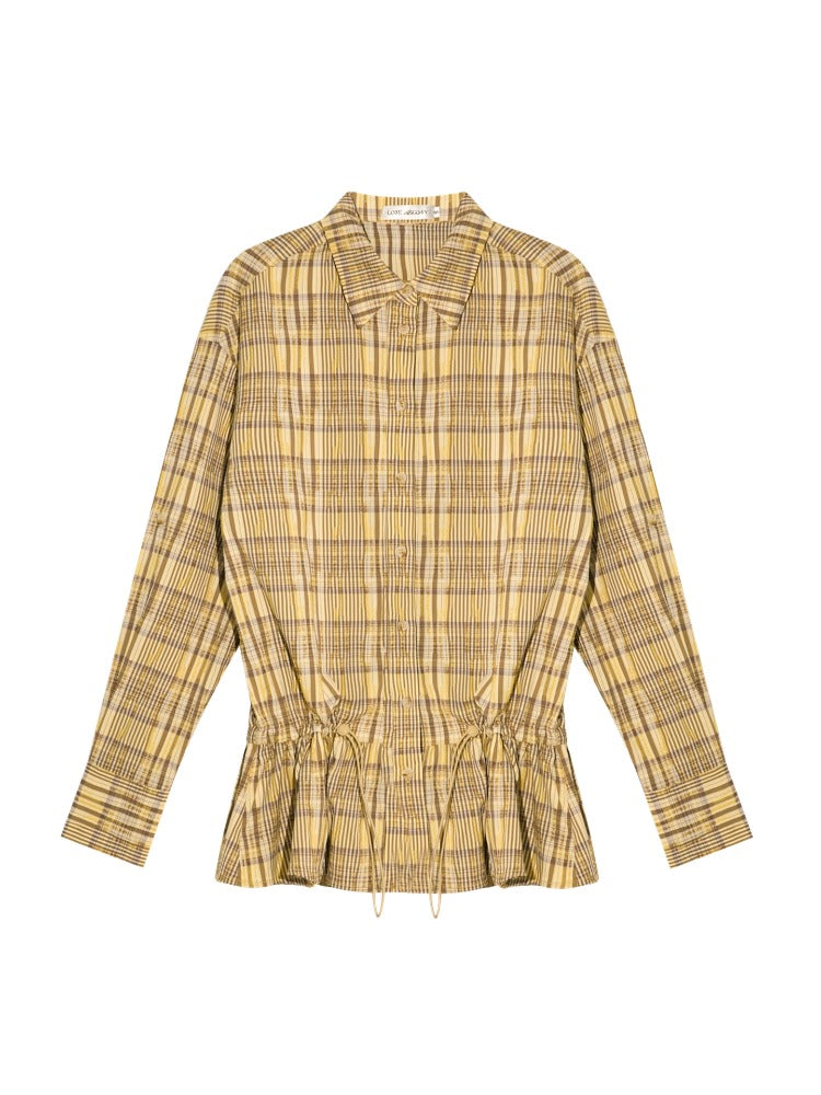 Ruffled Hem Waist-Cinching Checked Shirt - CHINASQUAD