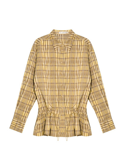 Ruffled Hem Waist-Cinching Checked Shirt - CHINASQUAD