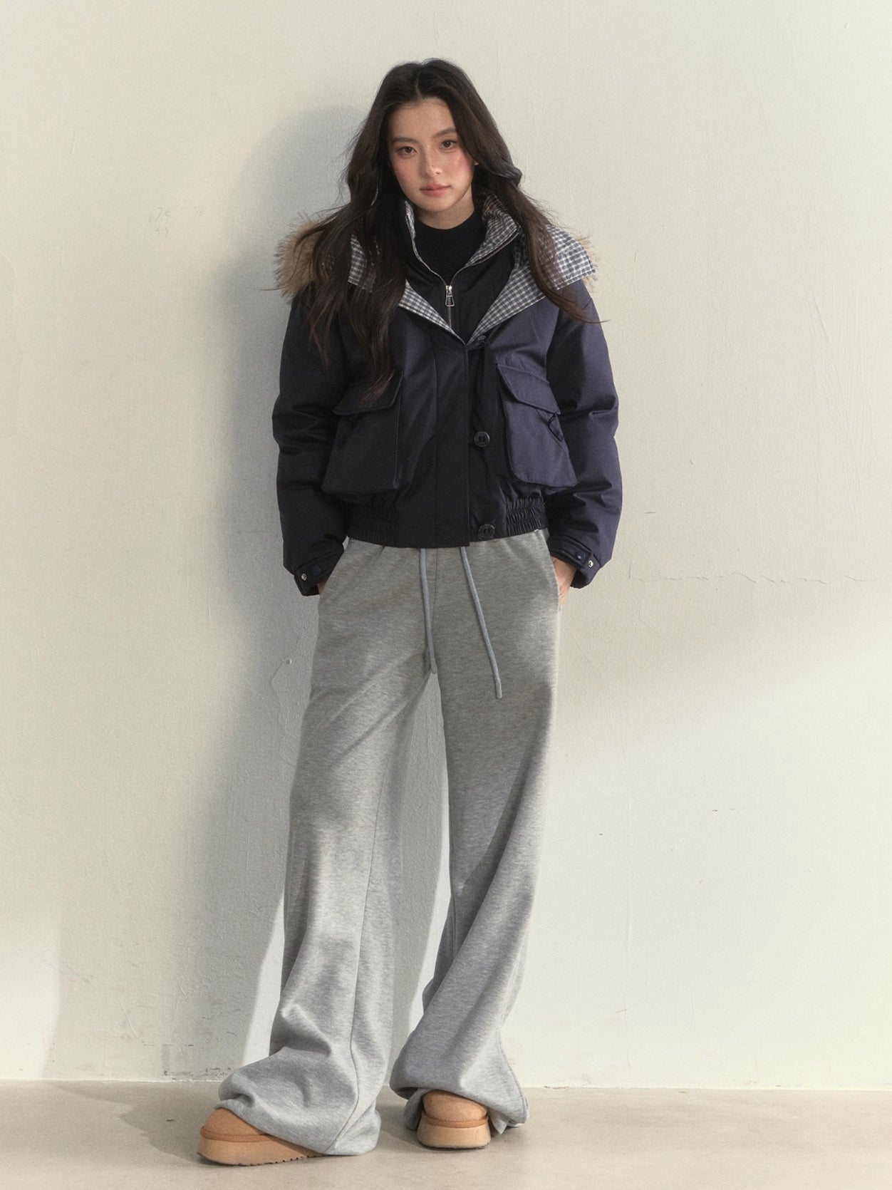 Glacier Blue &amp; Navy Plaid Panel Down Jacket
