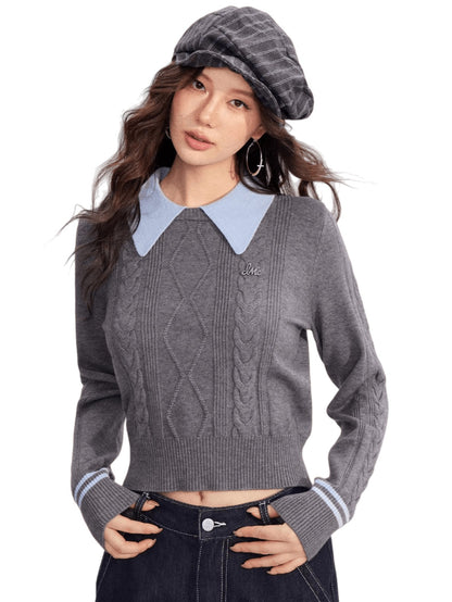 Contrast-Collar Cable-Knit Polo Sweater