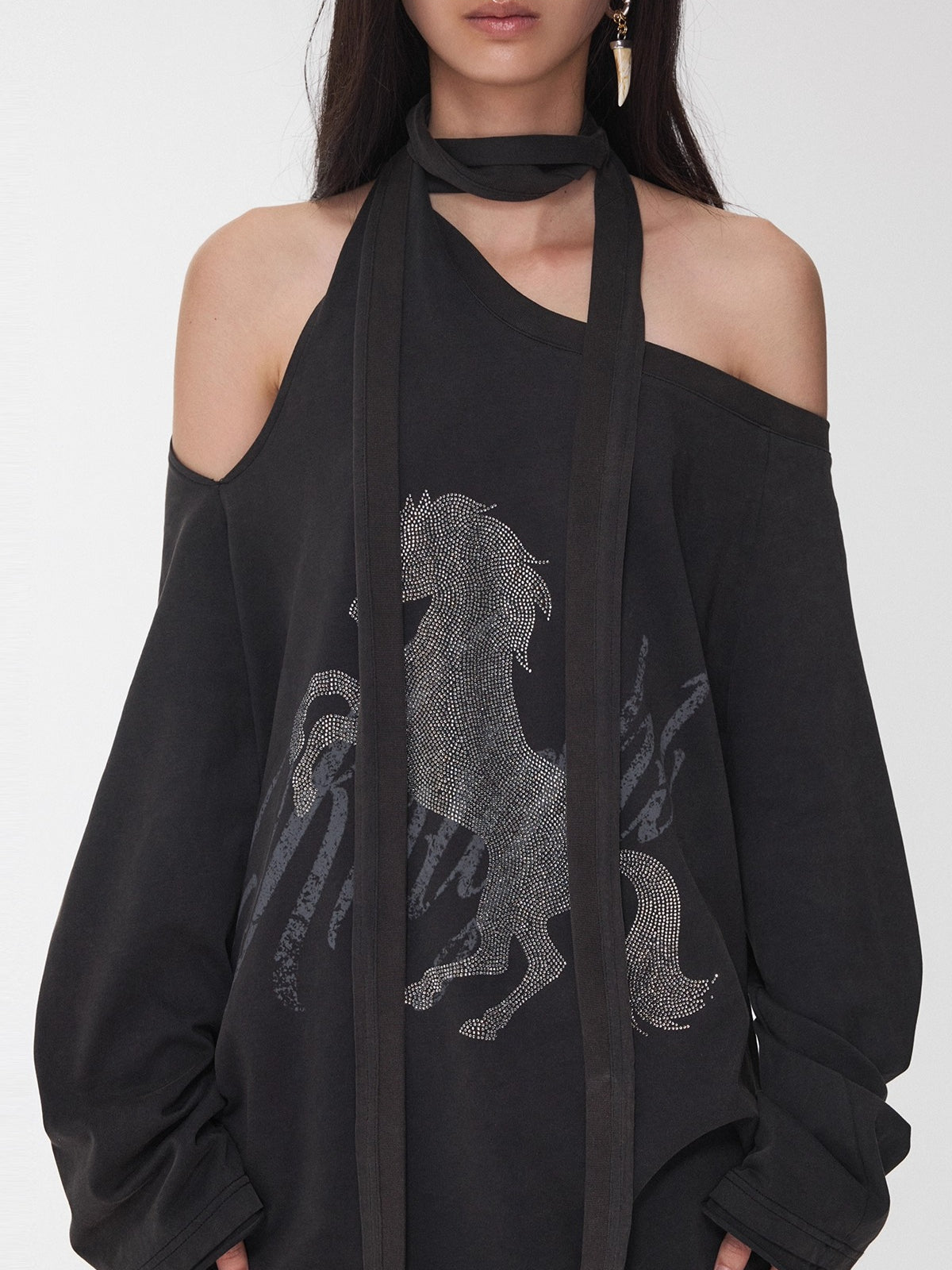 Rhinestone Shoulder-Tie Oversized Sweatshirt