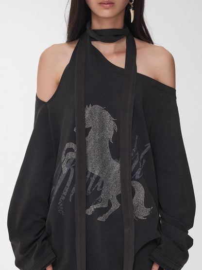 Rhinestone Shoulder-Tie Oversized Sweatshirt
