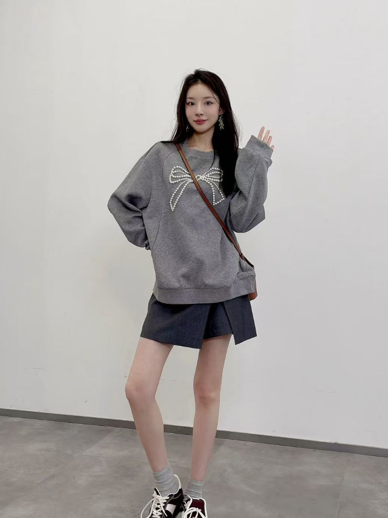 Gray &amp; Navy Blue Butterfly Knot Beaded Pullover Sweatshirt