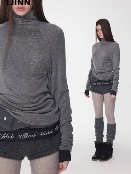 Rhinestone High-Neck Raglan Knit T-Shirt
