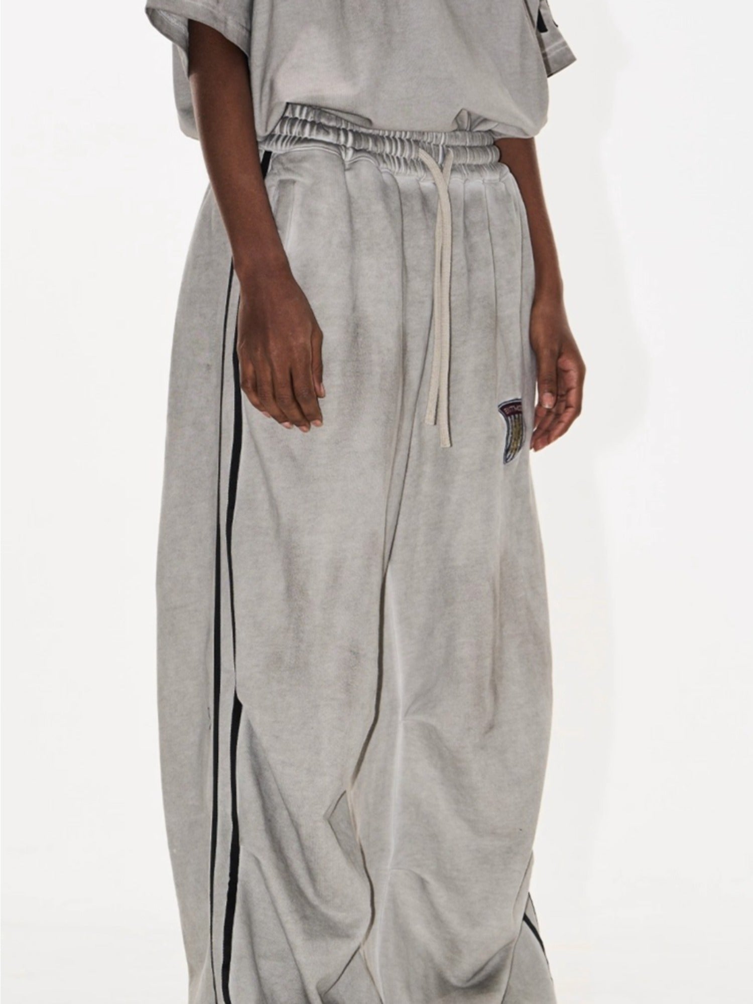 Washed Badge Cotton Pleated Track Pants