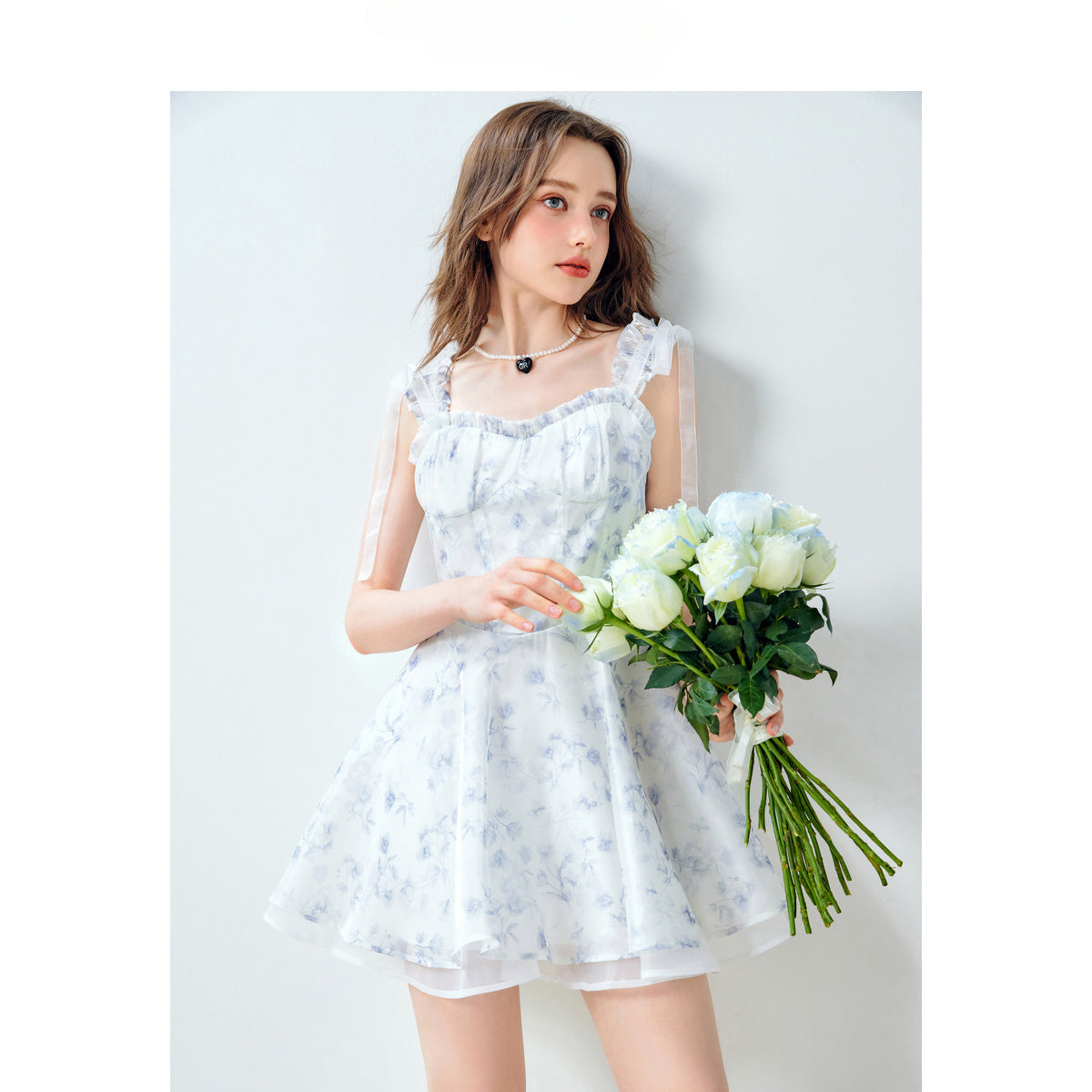 Blue Floral Ruffle Strap Dress