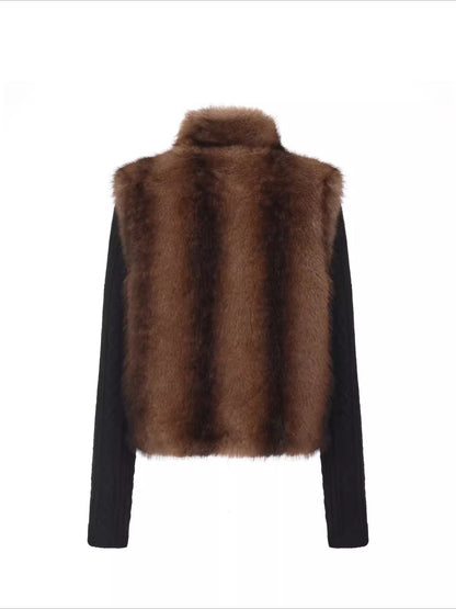 Detachable Sleeve Knit Eco-Fur Jacket