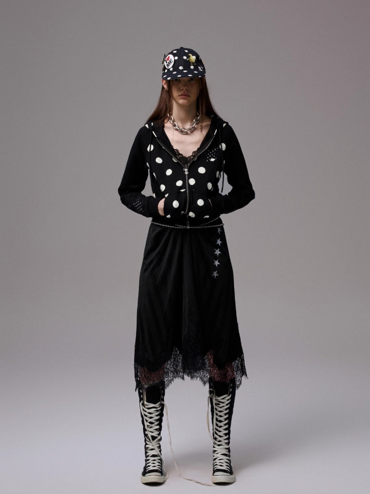 Letter-printed Spliced Lace Camisole Dress