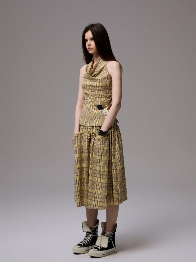 Plaid Halter Neck Backless Tank Top &amp; Midi Skirt Set - CHINASQUAD