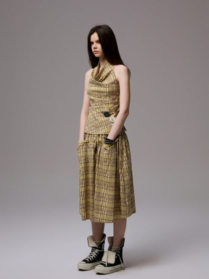 Plaid Halter Neck Backless Tank Top &amp; Midi Skirt Set - CHINASQUAD