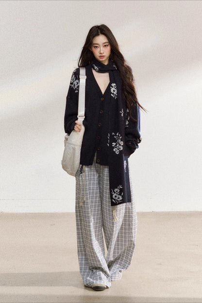Navy Floral Jacquard Knit Cardigan
