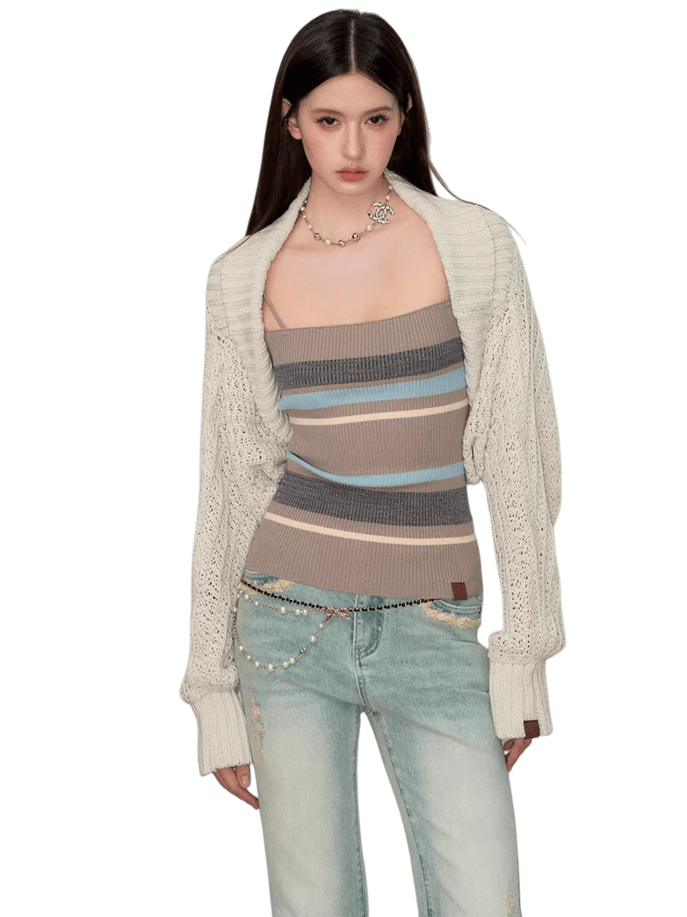 Knit Cardigan &amp; Striped Camisole Two-Piece Set