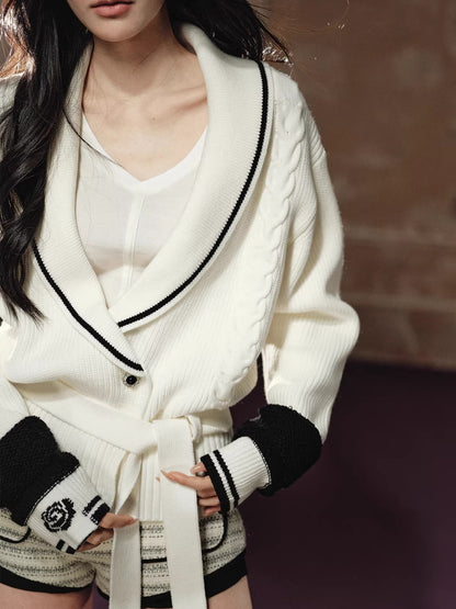 Oversized Contrast V-Neck Tie-Waist Knit Sweater