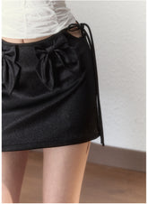 Black & Cream Bow-knot Drawstring Mini Skirt - CHINASQUAD