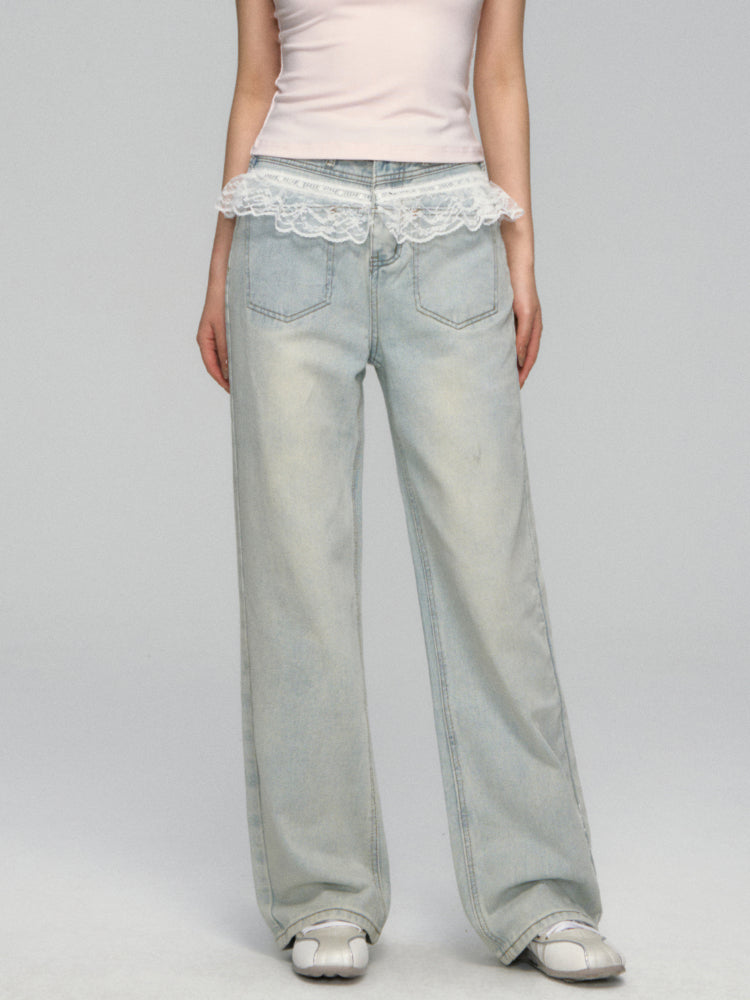 Lace-Trimmed Washed Straight-Leg Jeans Set - CHINASQUAD