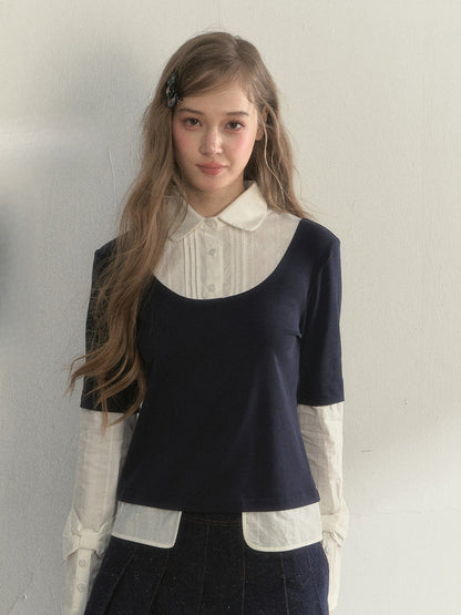 Navy Layered Long-Sleeve Knit Shirt
