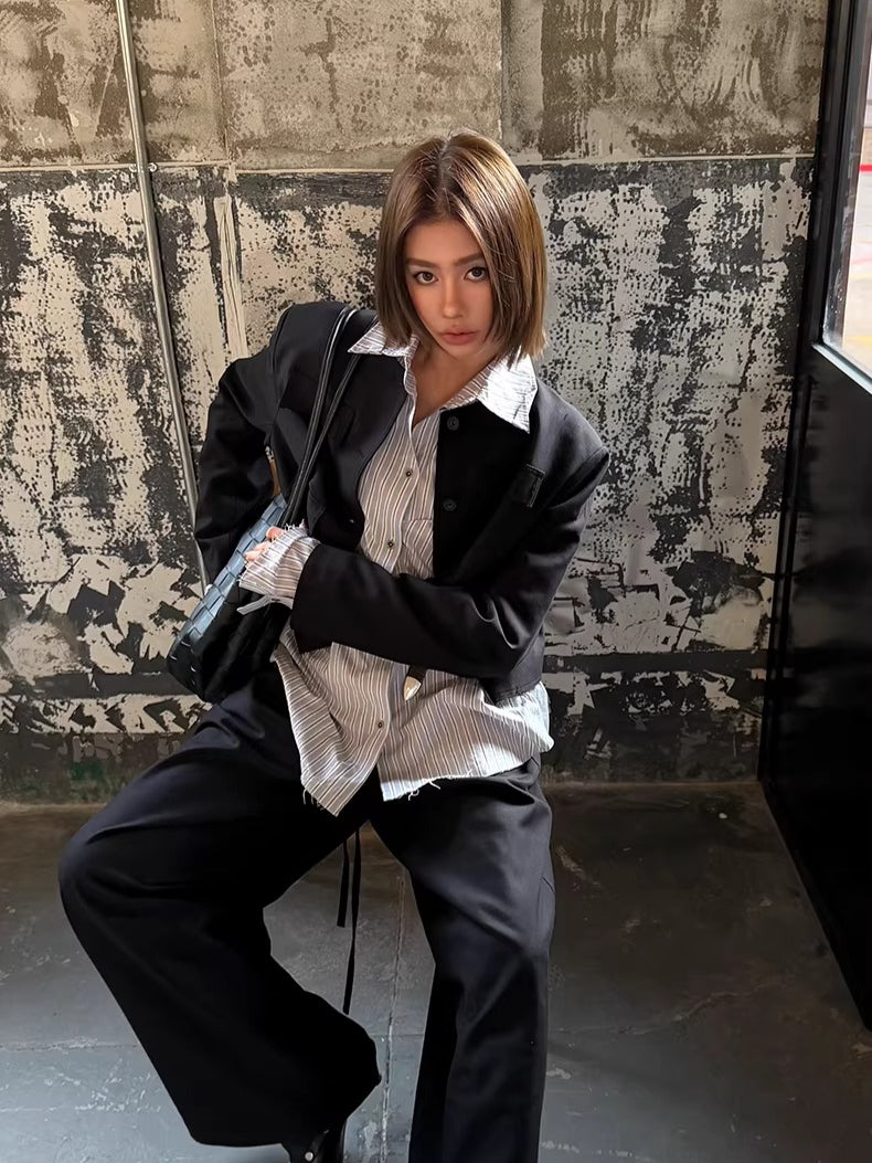 Washed Fringe-Edge Collarless Cropped Blazer