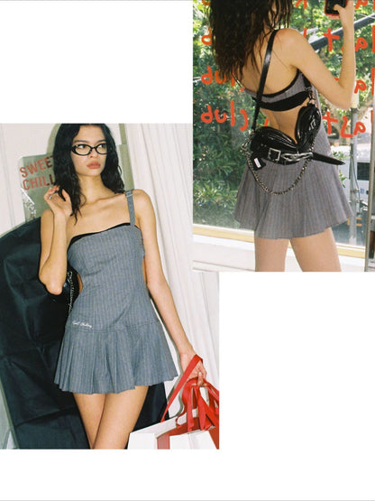 Gray One-shoulder Pleated Mini Dress Set