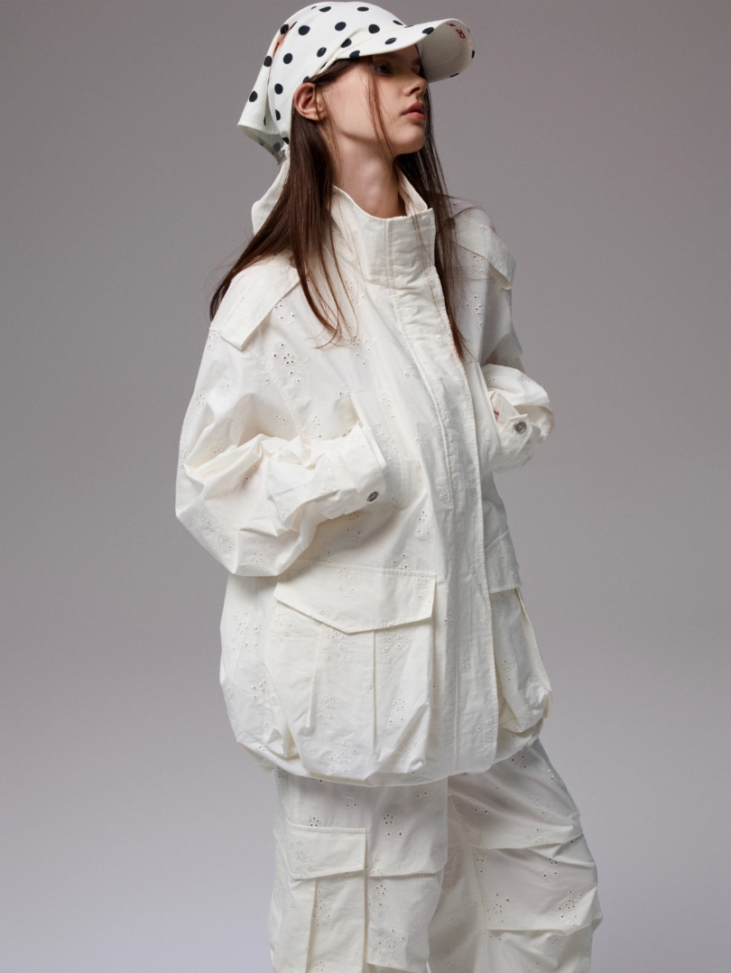 Embroidered Jacquard Multi-Pocket Stand-Collar Utility Jacket
