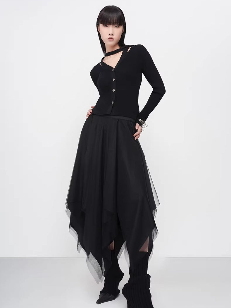 Elegant Asymmetric Paneled Mesh Skirt