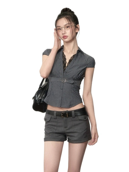Waist Lace V - neck Shirt - CHINASQUAD