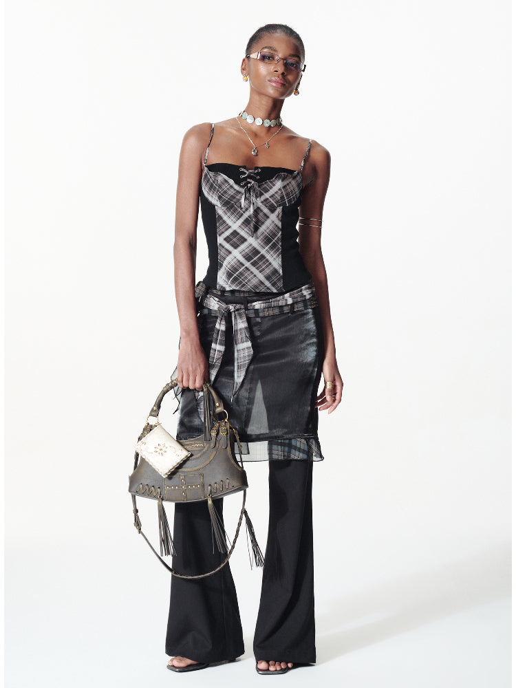 Contrast Plaid Ribbon-pieced Ruffled Skort