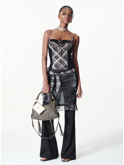 Contrast Plaid Ribbon-pieced Ruffled Skort