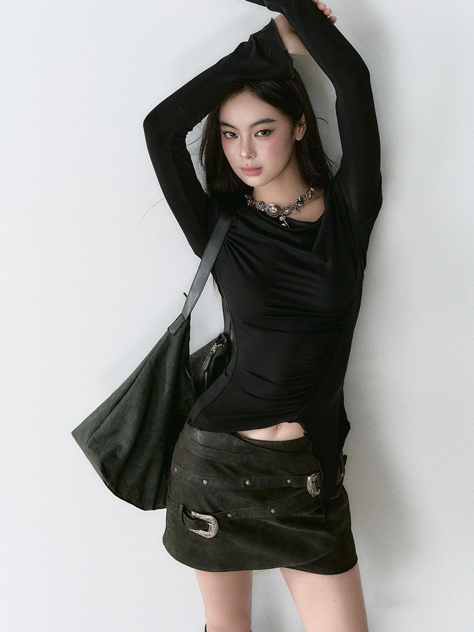 Black Belted Leather Mini Skirt