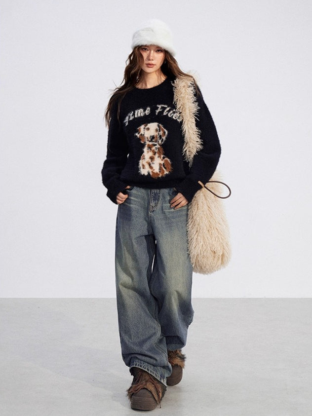 Cartoon Puppy Plush Knit Sweater