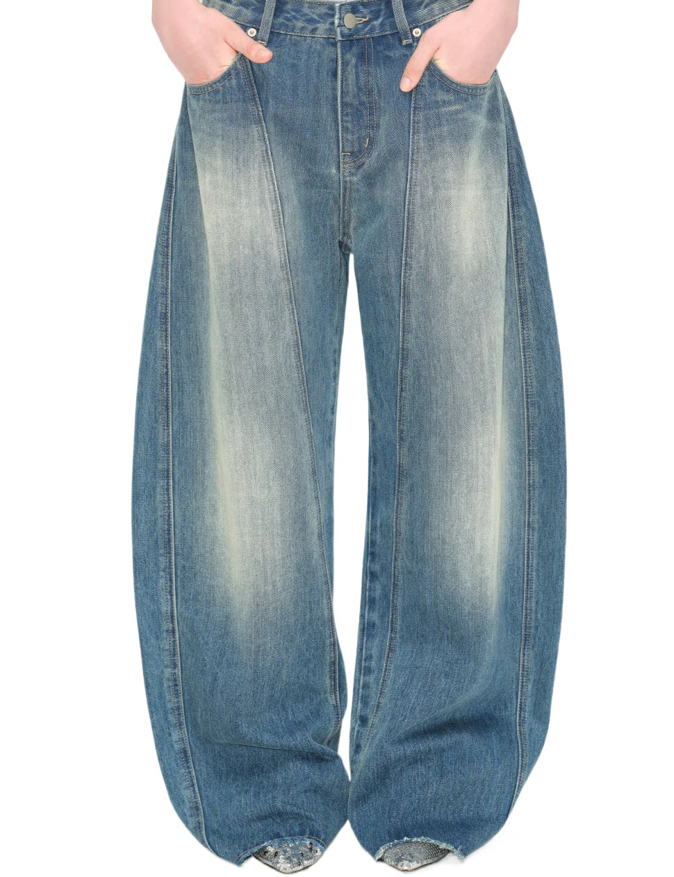 Wash Deconstructed Curved Denim Pants - CHINASQUAD
