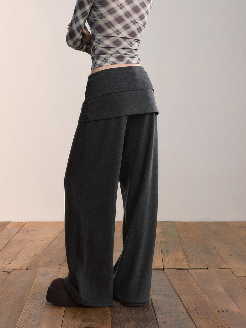 Folded Waist Skirt-Hem Wide-Leg Sweatpants