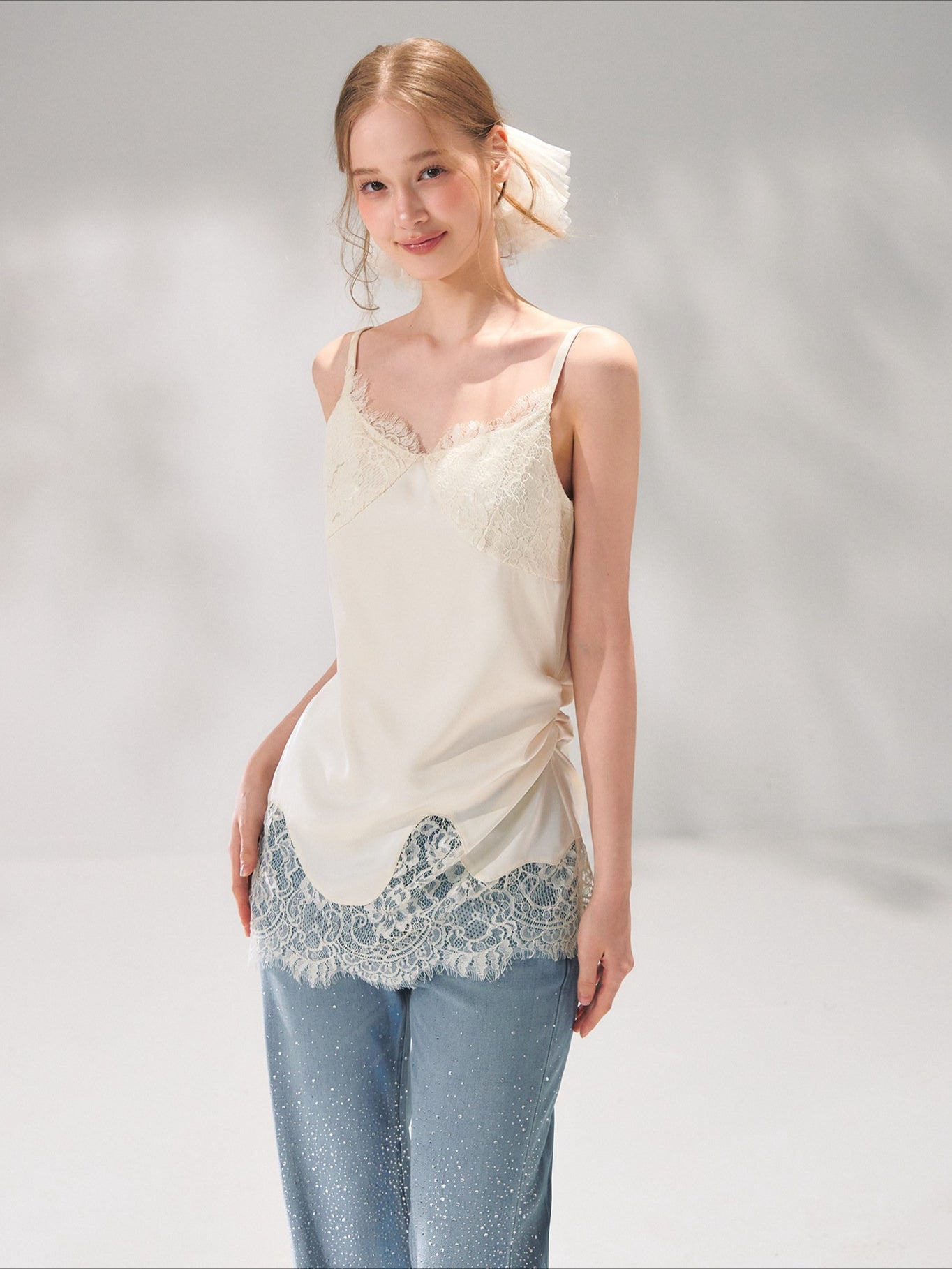 Asymmetric Lace-Trim Satin Camisole