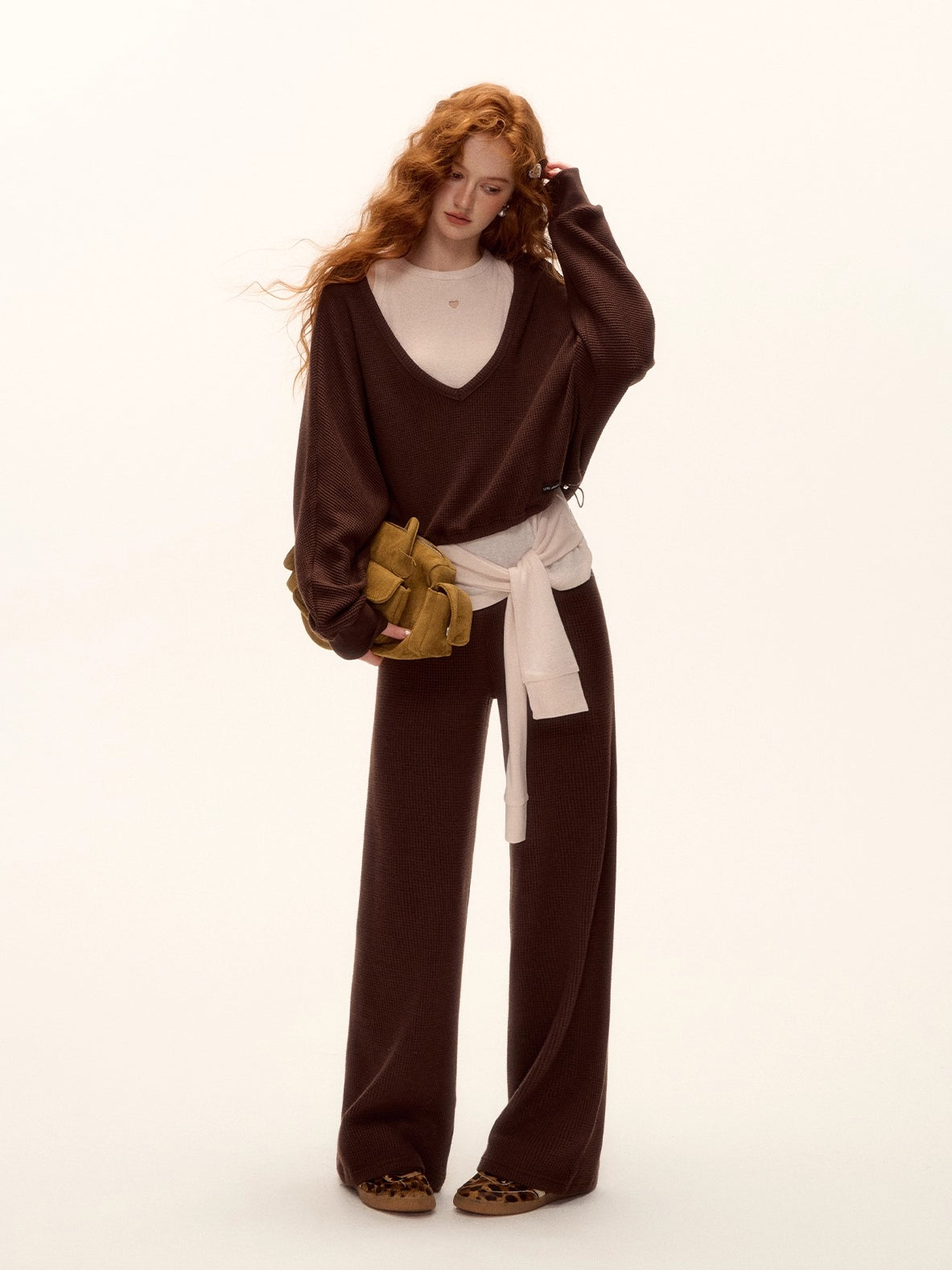 Waffle Knit V-Neck Pullover &amp; Tank Top &amp; Wide-Leg Pants Set