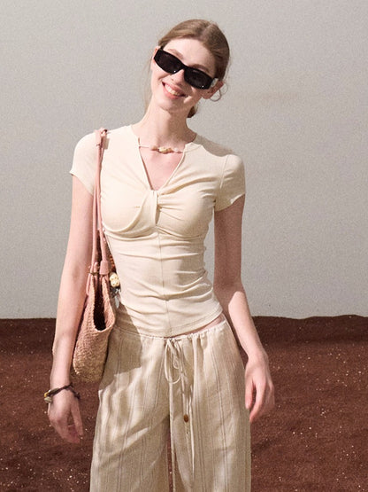 Gentle Melt Lyocell Beaded V-Neck T-Shirt