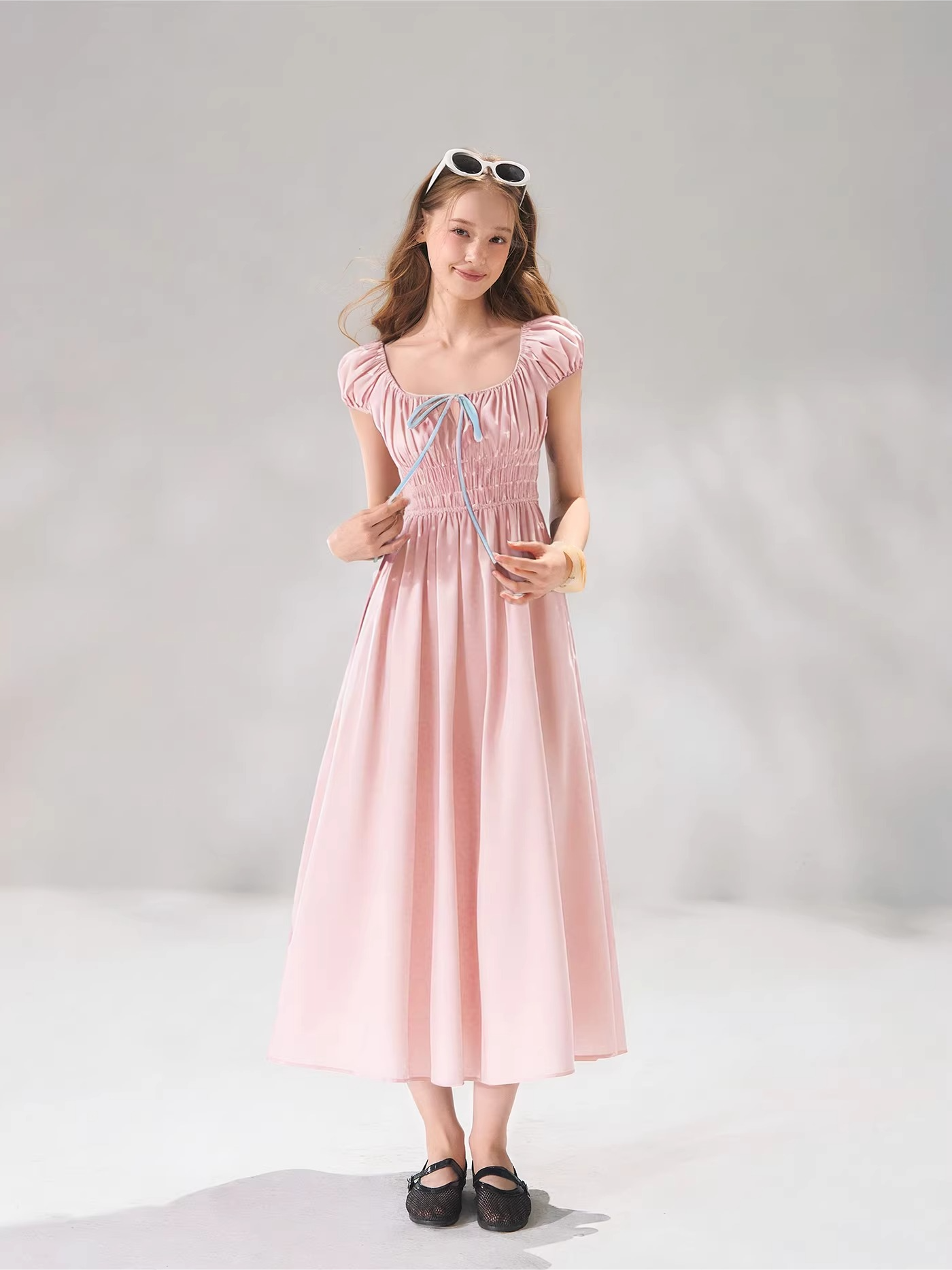 French Floral Tie-Waist Square Neck Puff Sleeve Dress