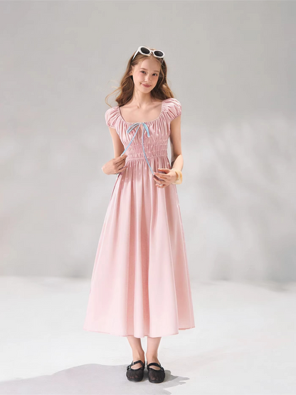 French Floral Tie-Waist Square Neck Puff Sleeve Dress