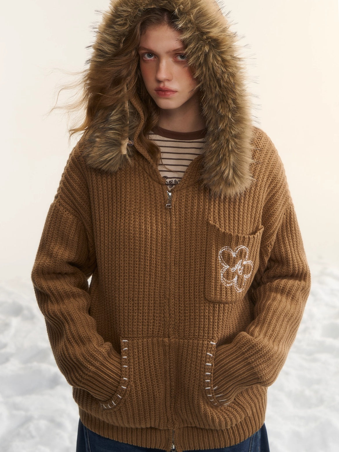 Embroidered Knit Zip-Up Hoodie Cardigan