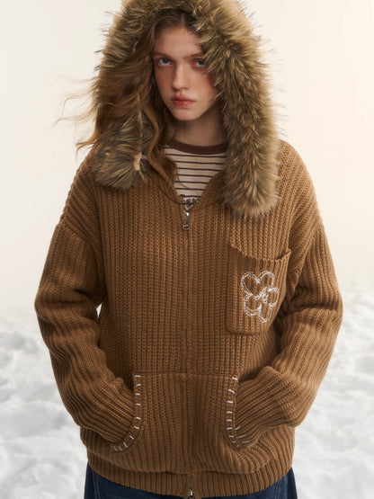 Embroidered Knit Zip-Up Hoodie Cardigan