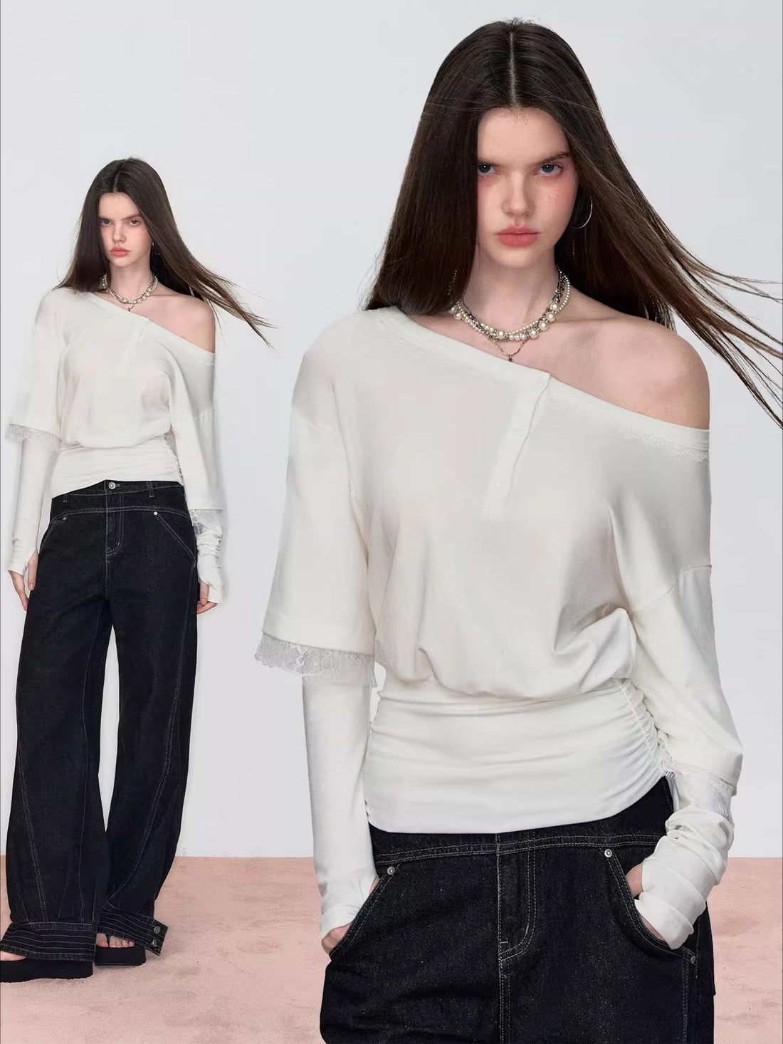 Asymmetric Lace-Panel Faux Layered T-Shirt