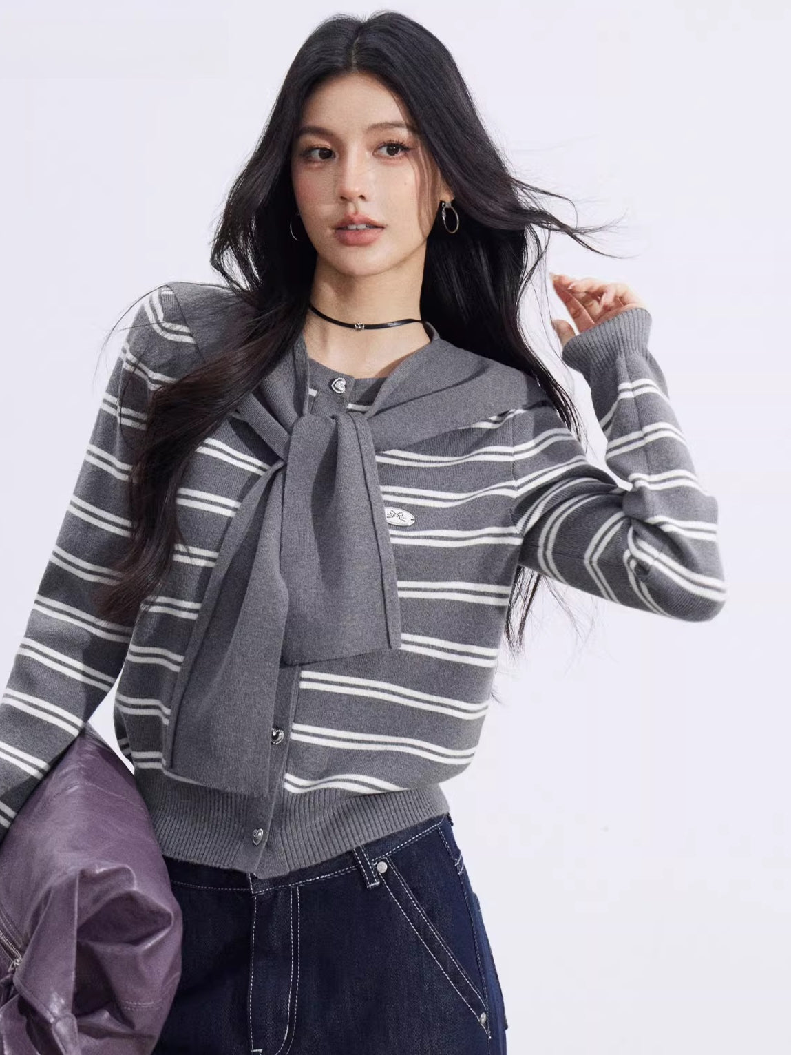 Striped Knit Cardigan &amp; Shawl Two-Piece Set