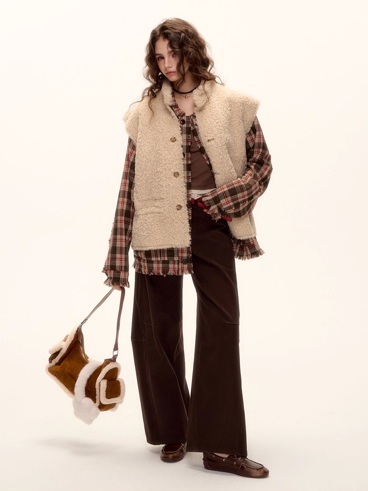 Wool Blend Checkered Contrast Fringe Shirt