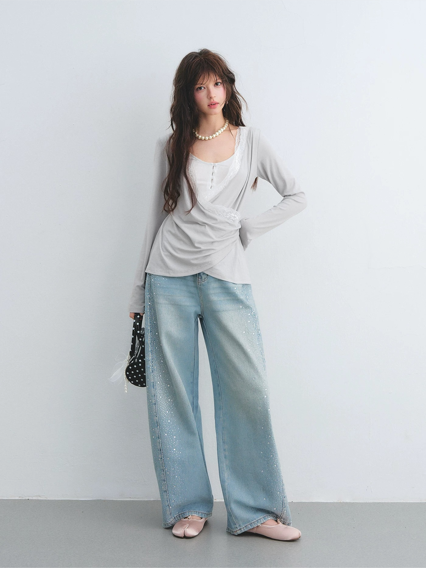 Lyocell Washed Rhinestone Curved-Leg Wide Denim Pants