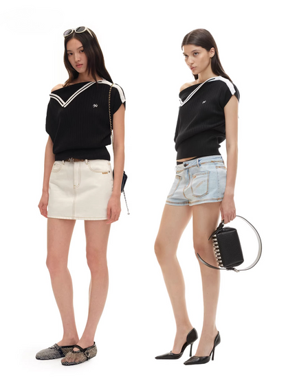 Asymmetric Off-Shoulder Contrast Trim Cinched Tee