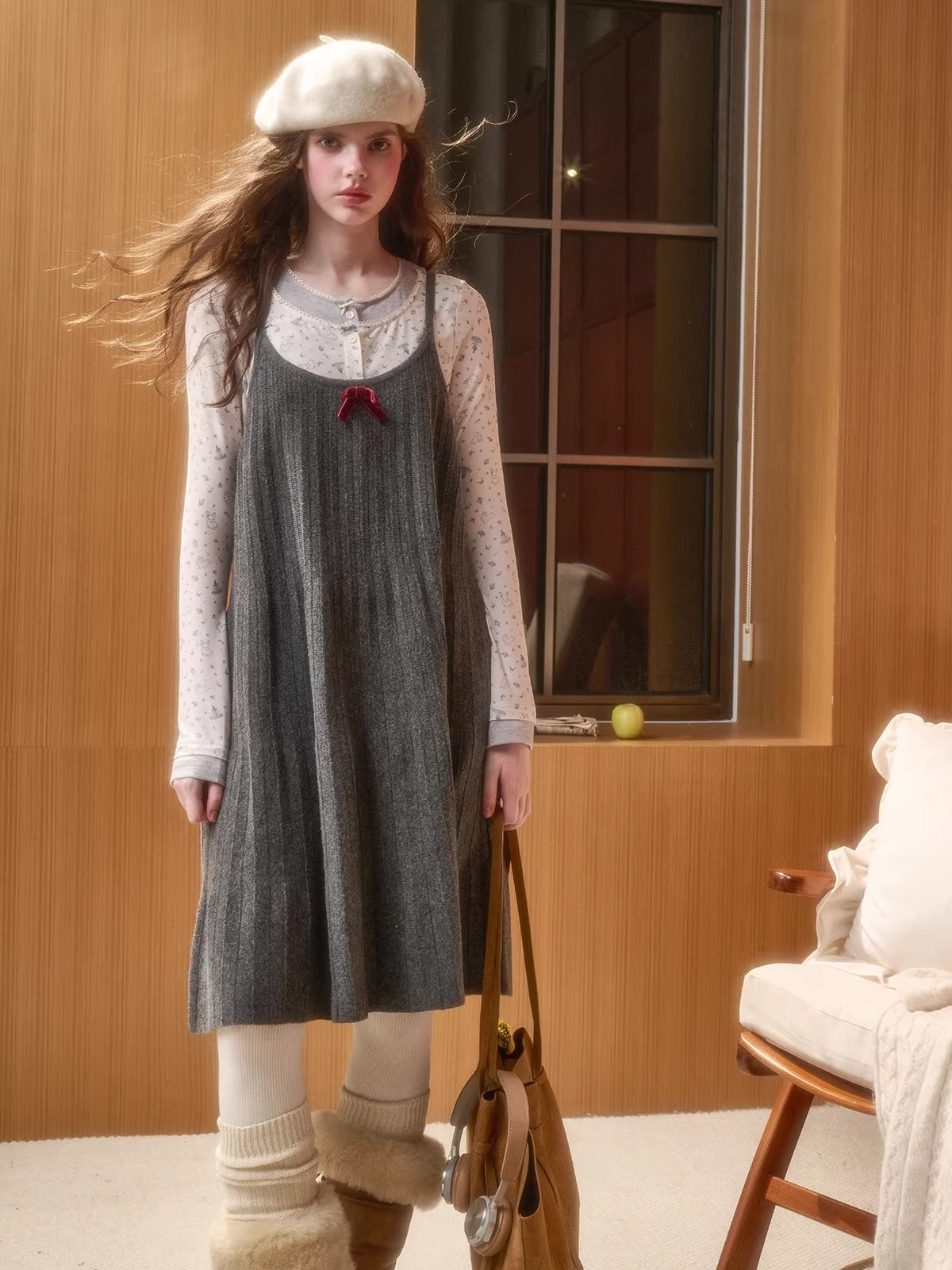 Wool Blend Pleated Knit Midi Dress