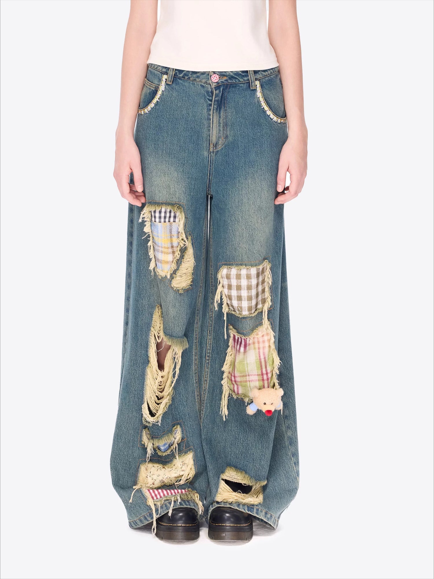 Distressed Plaid Straight-Leg Wide Jeans