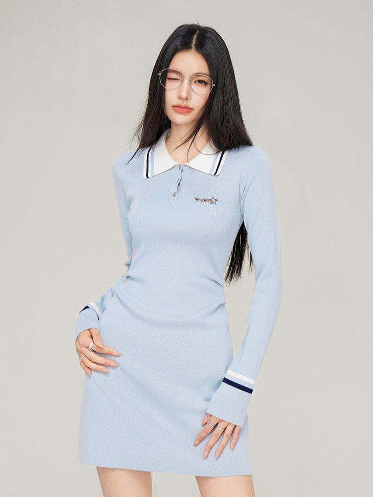 Polo Neck Waistline Knit Dress