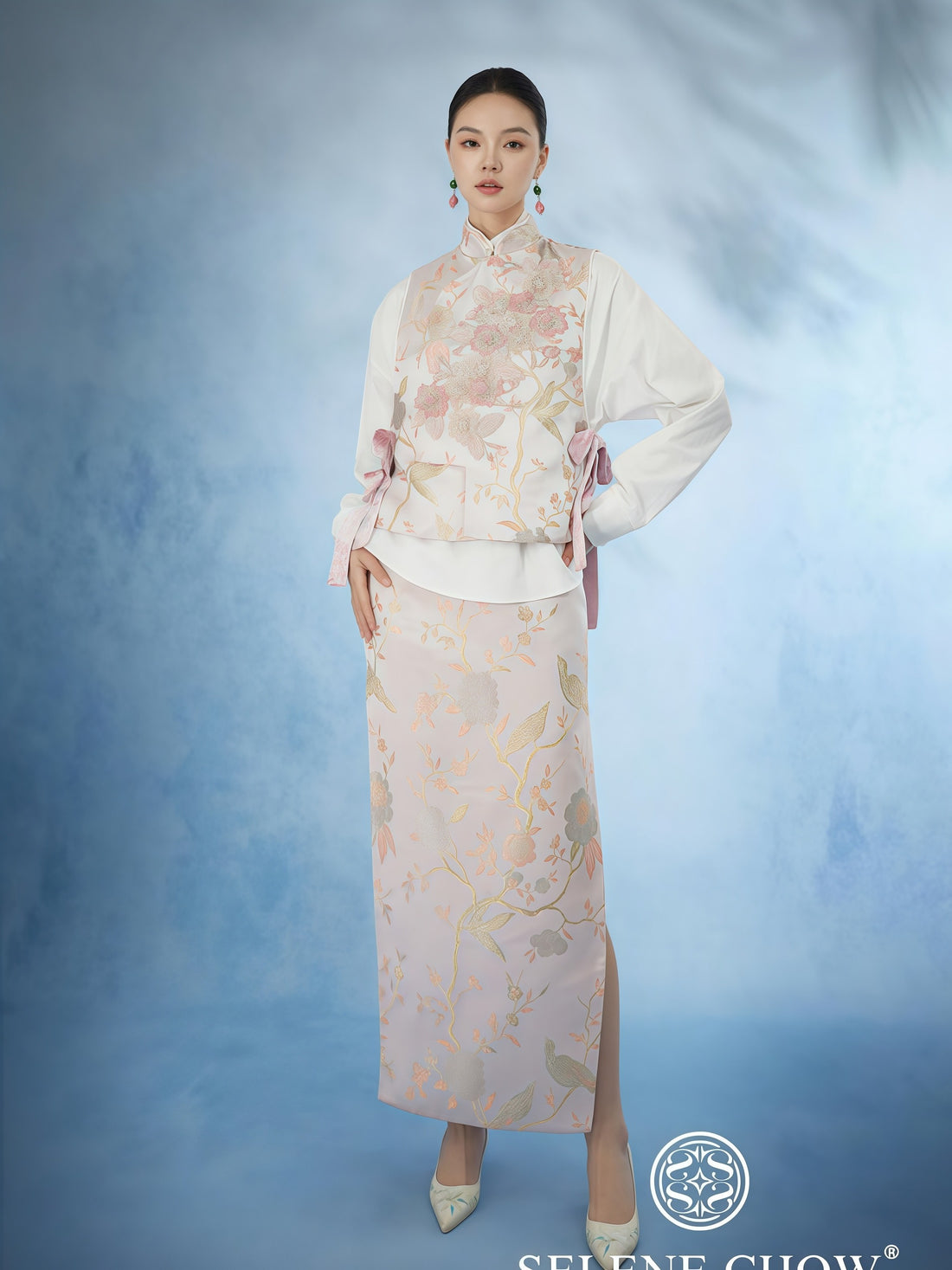 Blush Floral Brocade Mandarin Collar Set