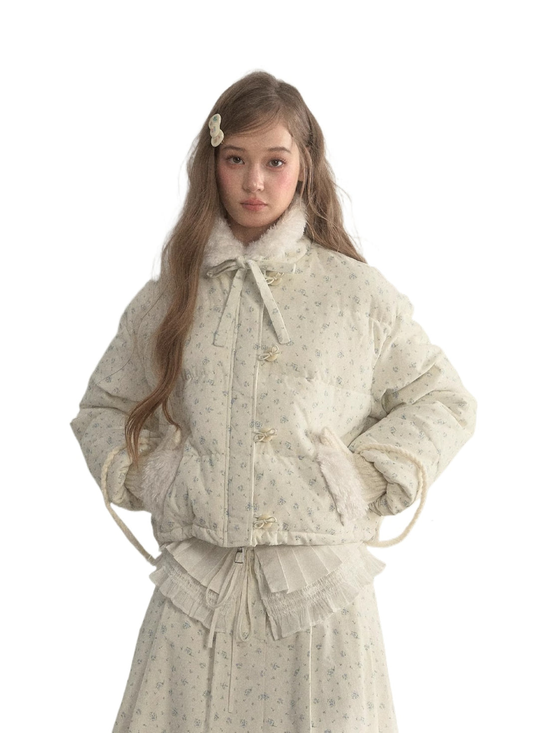 Floral Corduroy Puffer Jacket &amp; Pleated Skirt Set